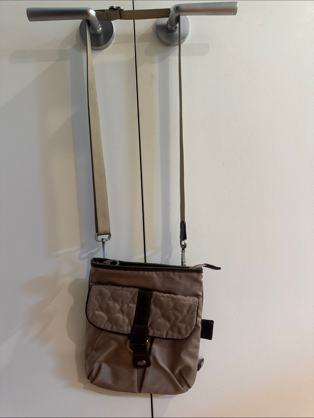 Compact Women's Crossbody Bag in Taupe with Quilted Flap. Excellent for travel!